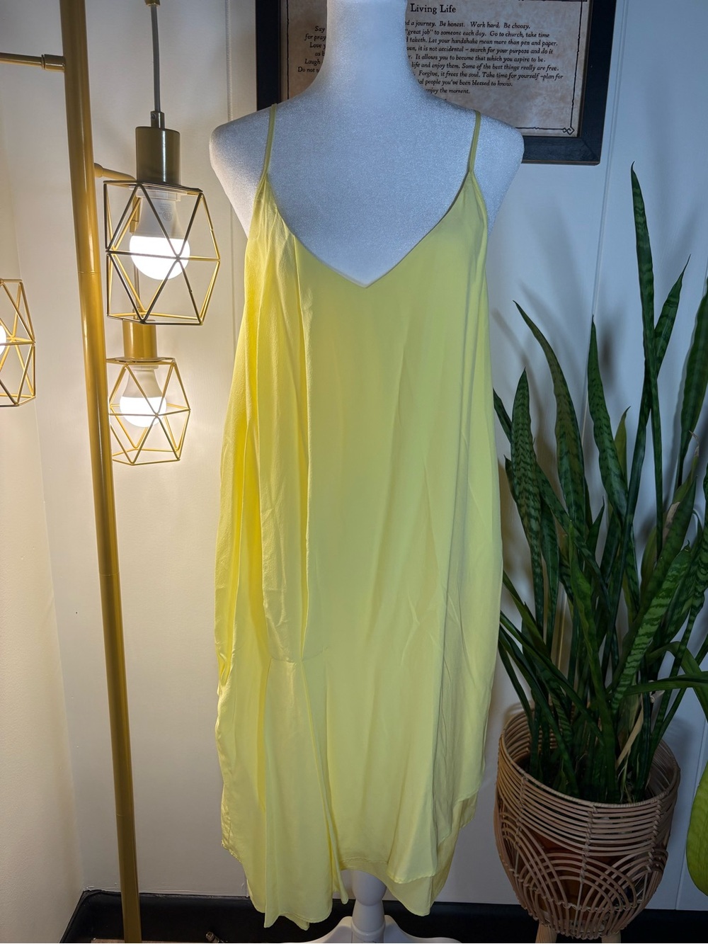 100% Silk pleated yellow slip dress, resort wear, M *tiny flaw
